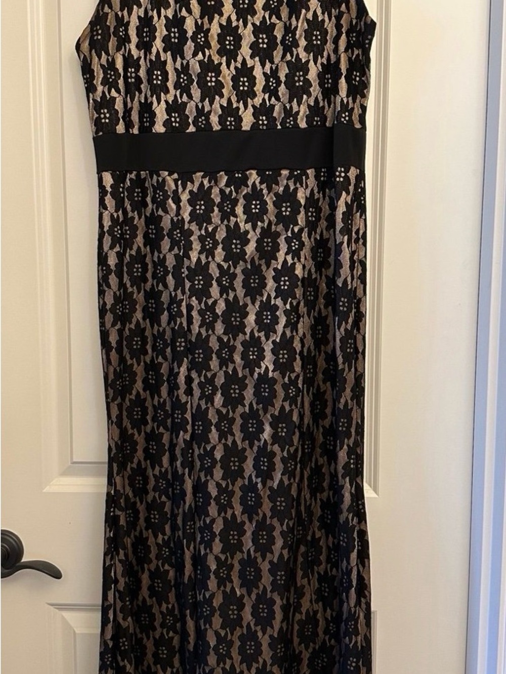 Black Floral Lace Maxi Dress with Nude Lining